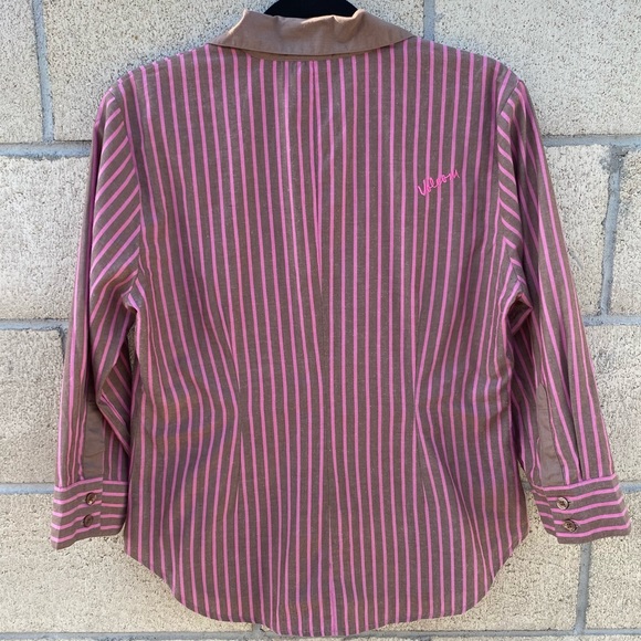 Volcom Gals, Vintage Brown and Pink Retro Striped Button Down, Top - Picture 2 of 7